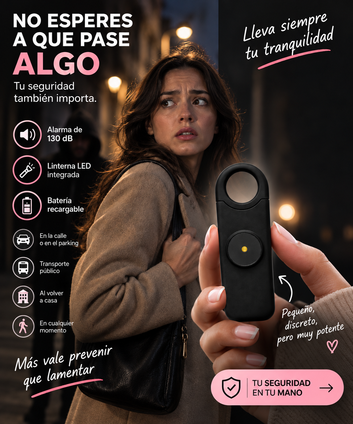 Alma SOS — alarma personal de 130 dB con luz